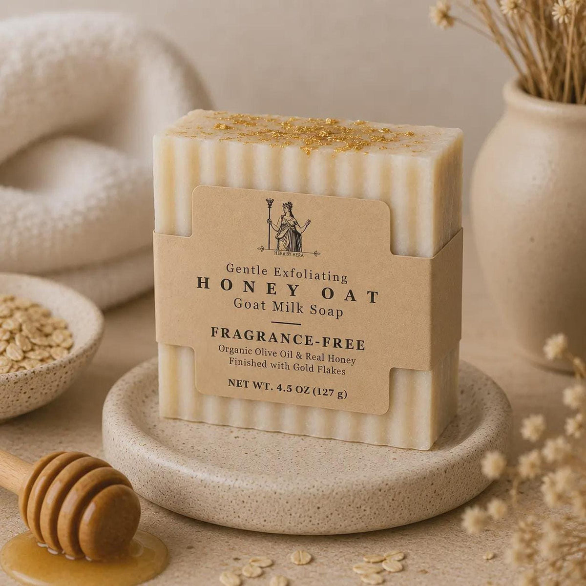 Oatmeal Honey Soap, 4.5 Oz Goat Milk Bar with Bamboo Dish
