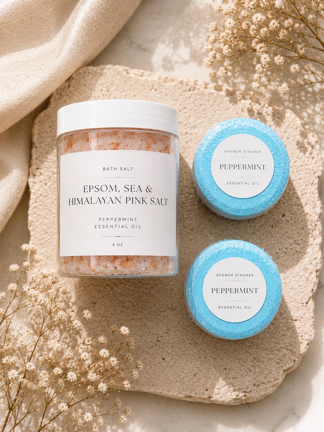 Peppermint Shower Steamer Gift Set with Bath Salts, Bath Bomb, Satin Scrunchie