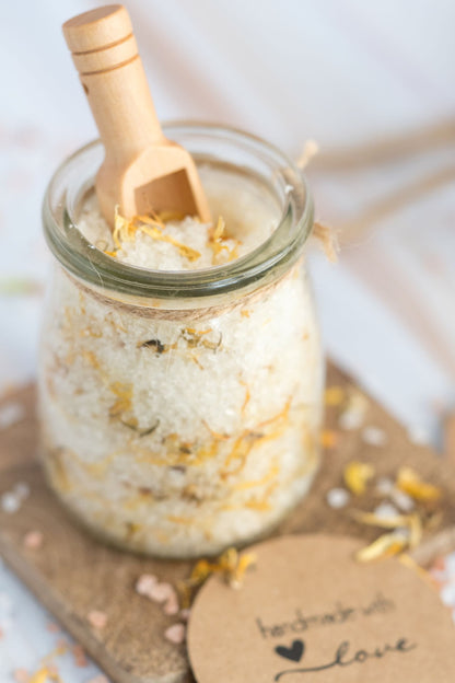 Botanical Bath Salt in Glass Jar with Cork Lid and Bamboo Spoon |Set of 4