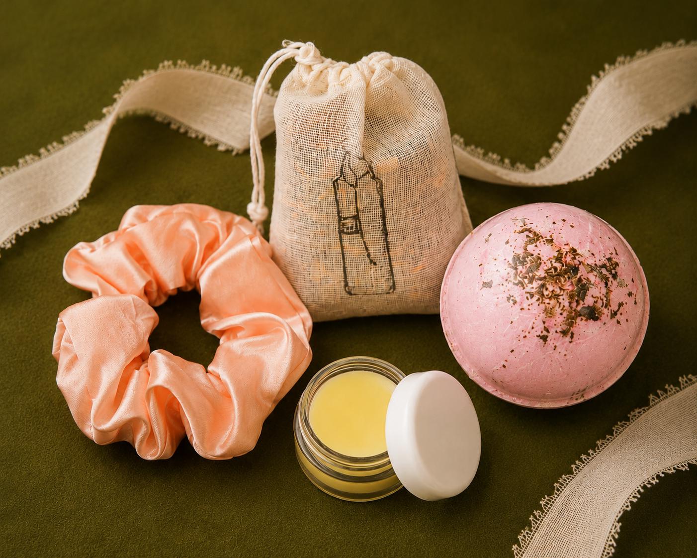 Floral Bath Gift Set with Rose Bath Bomb, Bath Tea & Solid Perfume