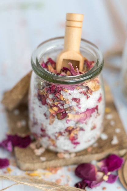 Botanical Bath Salt in Glass Jar with Cork Lid and Bamboo Spoon |Set of 4