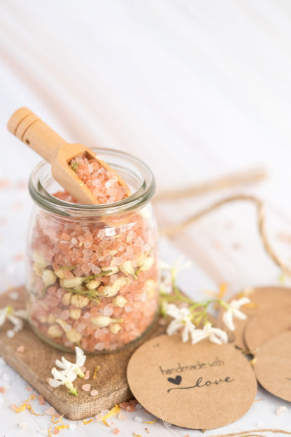 Botanical Bath Salt in Glass Jar with Cork Lid and Bamboo Spoon |Set of 4