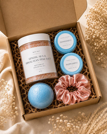 Peppermint Shower Steamer Gift Set with Bath Salts, Bath Bomb, Satin Scrunchie