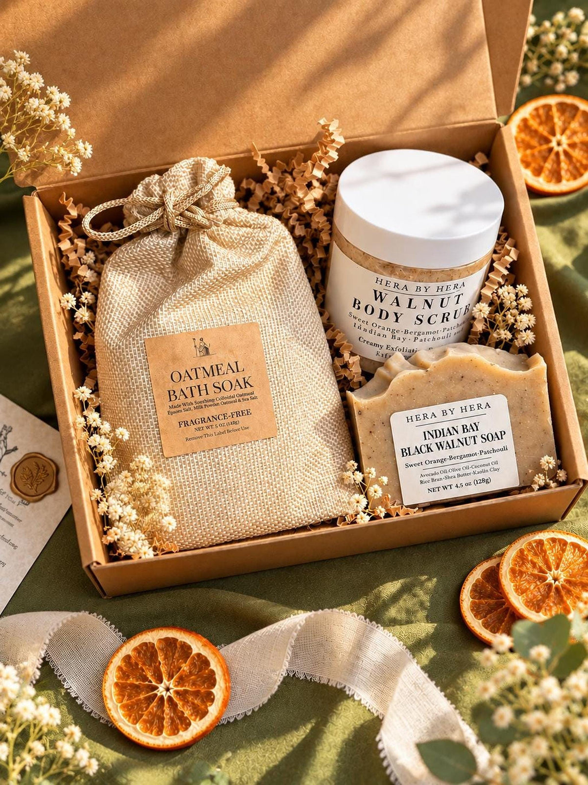 Bath And Body Gift Set, Oatmeal Soak, Walnut Scrub And Soap
