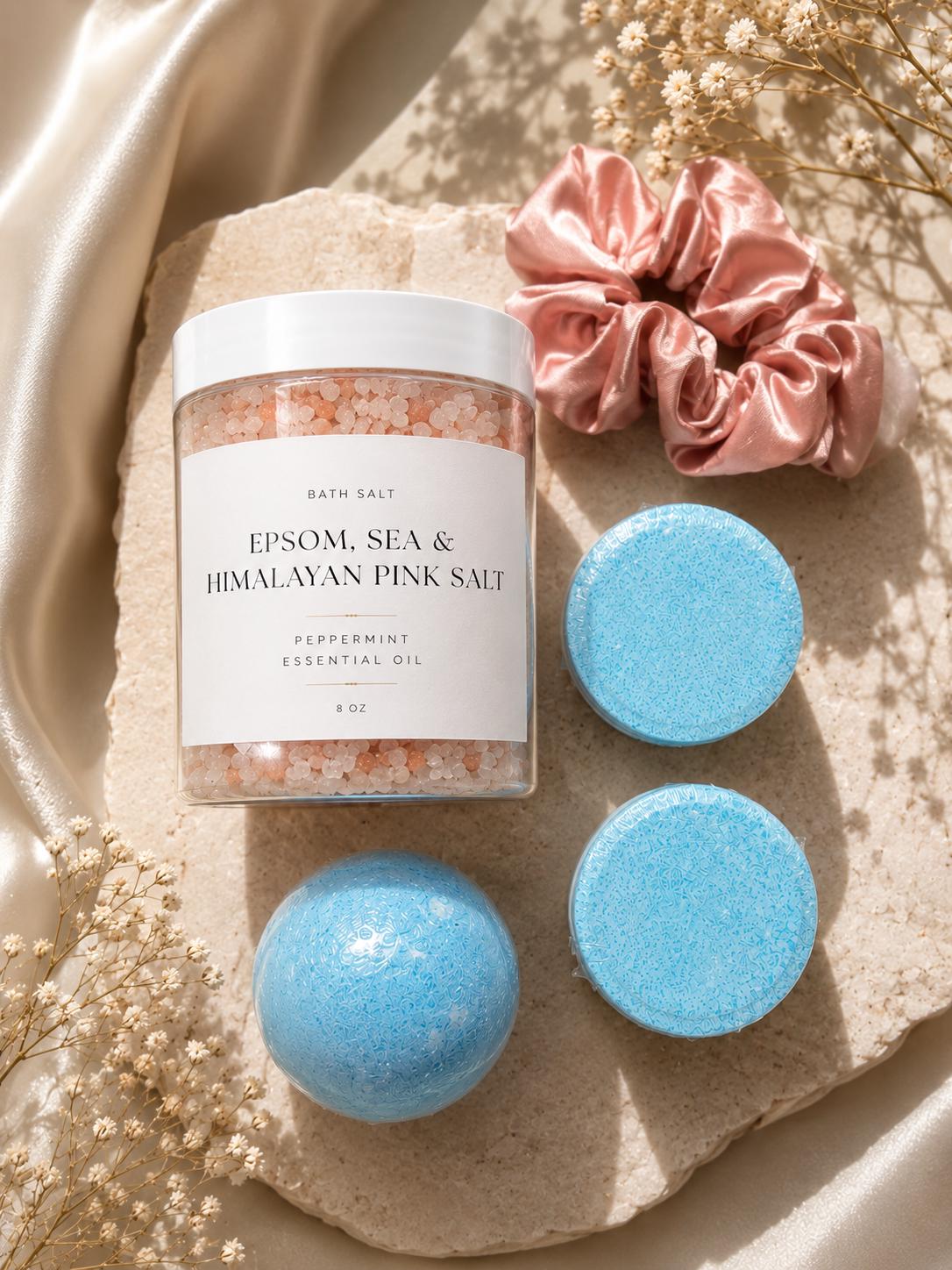 Peppermint Shower Steamer Gift Set with Bath Salts, Bath Bomb, Satin Scrunchie