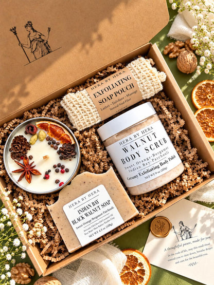 Self Care Gift Box with Candle, Body Scrub, Handmade Soap & Exfoliating Pouch | Cozy Spa Gift for Her