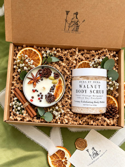 Body Scrub and Candle Gift Set | Cozy Self Care Gift Box | Walnut Body Polish | Relaxing Bath Gift for Her